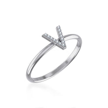Load image into Gallery viewer, 10K White Gold Womens Round Diamond V Initial Letter Ring 1/25 Cttw