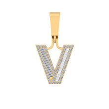 Load image into Gallery viewer, 10K Yellow Gold Baguette Diamond Initial V Letter Pendant 1/3 Cttw