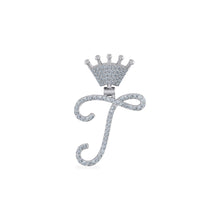 Load image into Gallery viewer, 10K White Gold Round Diamond Crown T Letter Initial Pendant 1/5 Cttw