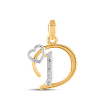 Load image into Gallery viewer, 10K Yellow Gold Round Diamond D Letter Initial With Heart Pendant 1/10 Cttw