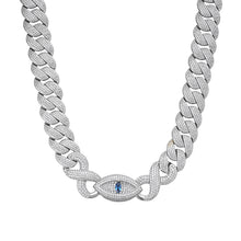 Load image into Gallery viewer, Sterling Silver Round Moissanite 15mm Inifinity Cuban With Evil Eye Designer 22 Inch Mens Necklace RP 27-1/8 Cttw