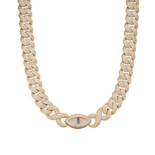 Load image into Gallery viewer, Sterling Silver Round Moissanite 15mm Inifinity Cuban With Evil Eye Designer 22 Inch Mens Necklace GP 27-1/8 Cttw